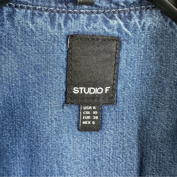 Studio F Sleeveless Blue Rayon ‘Denim’ Dress Drawstring Cinch Waist Womens Sz 6 - Picture 6 of 7